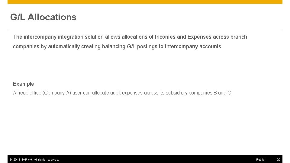 G/L Allocations The intercompany integration solution allows allocations of Incomes and Expenses across branch