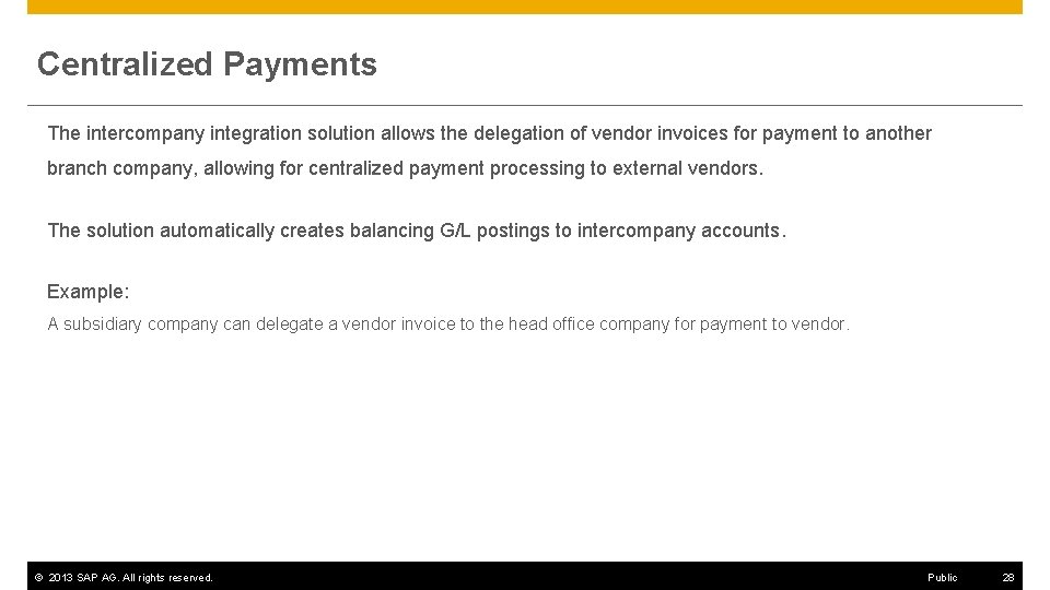 Centralized Payments The intercompany integration solution allows the delegation of vendor invoices for payment