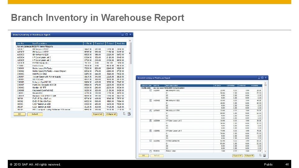 Branch Inventory in Warehouse Report © 2013 SAP AG. All rights reserved. Public 41
