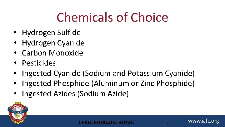 Chemicals of Choice • • Hydrogen Sulfide Hydrogen Cyanide Carbon Monoxide Pesticides Ingested Cyanide