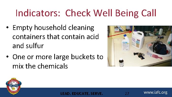 Indicators: Check Well Being Call • Empty household cleaning containers that contain acid and