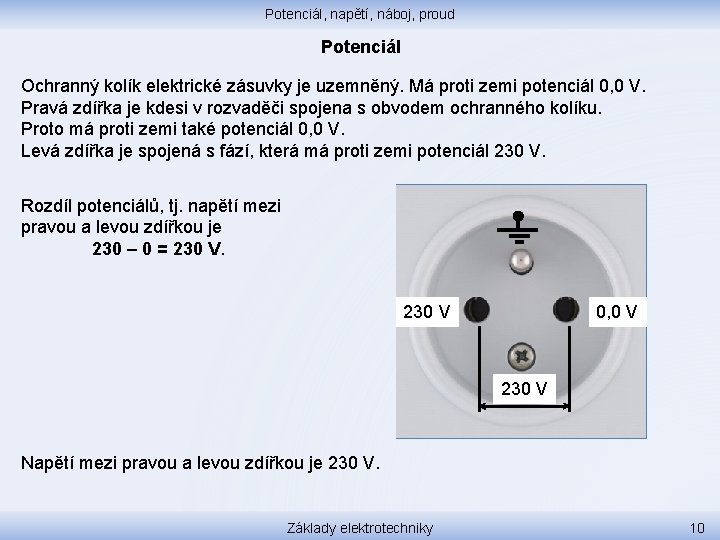 Potenciál, napětí, náboj, proud Potenciál Ochranný kolík elektrické zásuvky je uzemněný. Má proti zemi