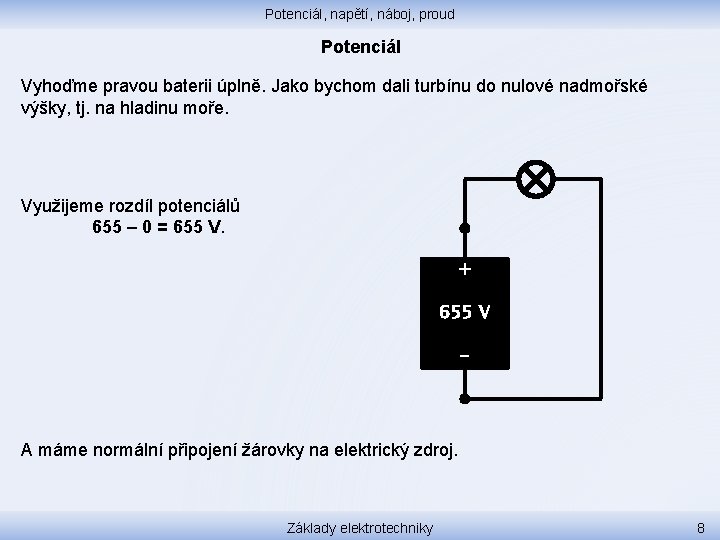 Potenciál, napětí, náboj, proud Potenciál Vyhoďme pravou baterii úplně. Jako bychom dali turbínu do