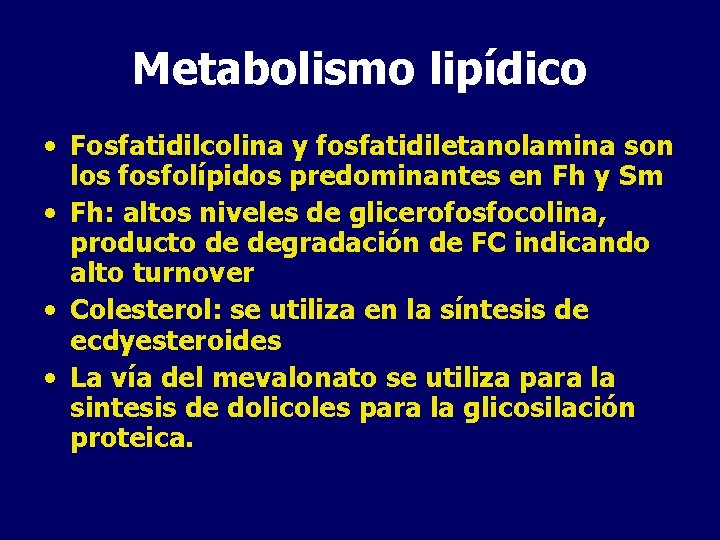 Metabolismo lipídico • Fosfatidilcolina y fosfatidiletanolamina son los fosfolípidos predominantes en Fh y Sm