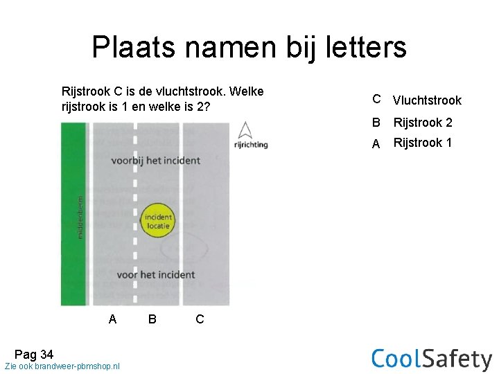 Plaats namen bij letters Rijstrook C is de vluchtstrook. Welke rijstrook is 1 en