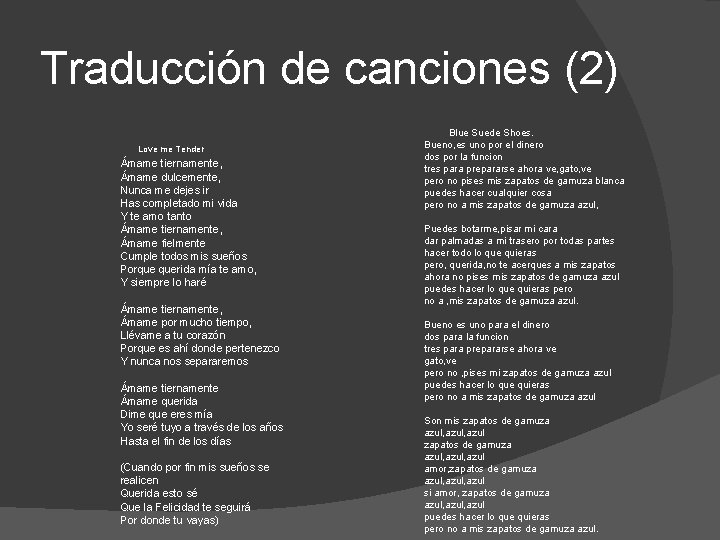 Traducción de canciones (2) Love me Tender Ámame tiernamente, Ámame dulcemente, Nunca me dejes