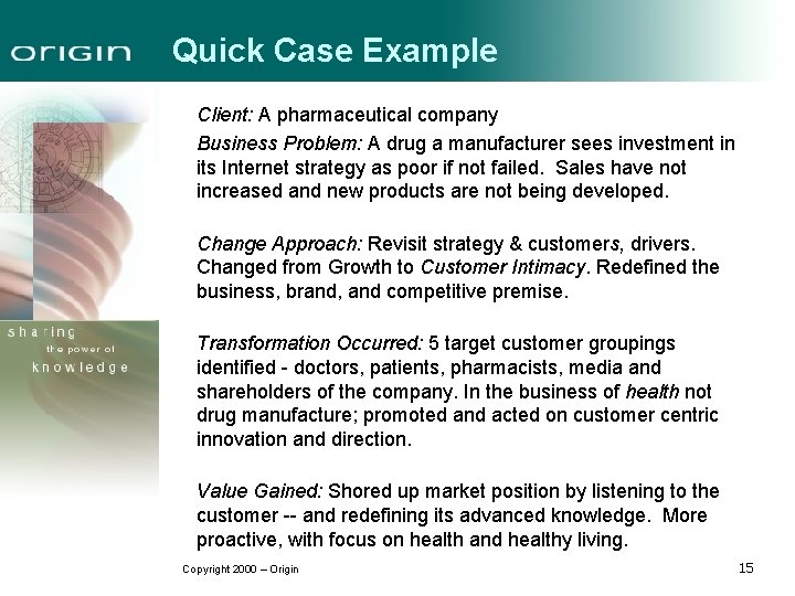 Quick Case Example Client: A pharmaceutical company Business Problem: A drug a manufacturer sees