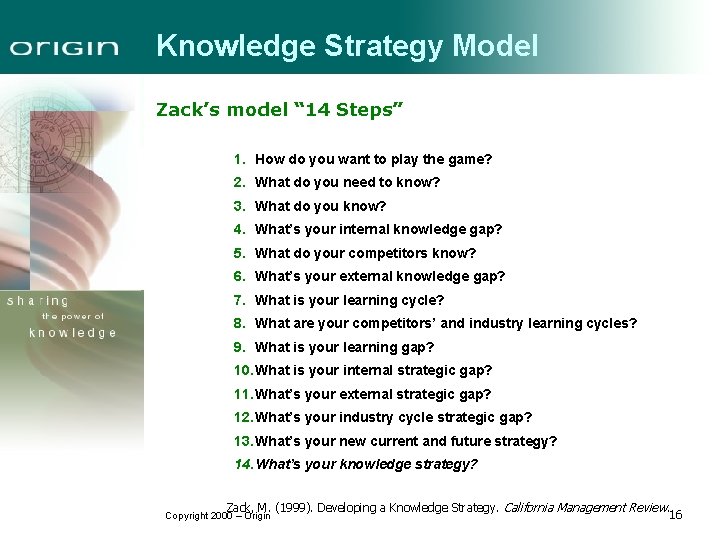 Knowledge Strategy Model Zack’s model “ 14 Steps” 1. How do you want to