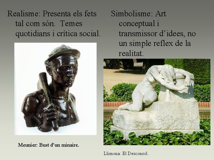 Realisme: Presenta els fets tal com són. Temes quotidians i crítica social. Simbolisme: Art