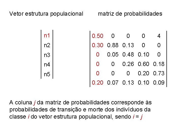 Vetor estrutura populacional matriz de probabilidades n 1 0. 50 n 2 0. 30