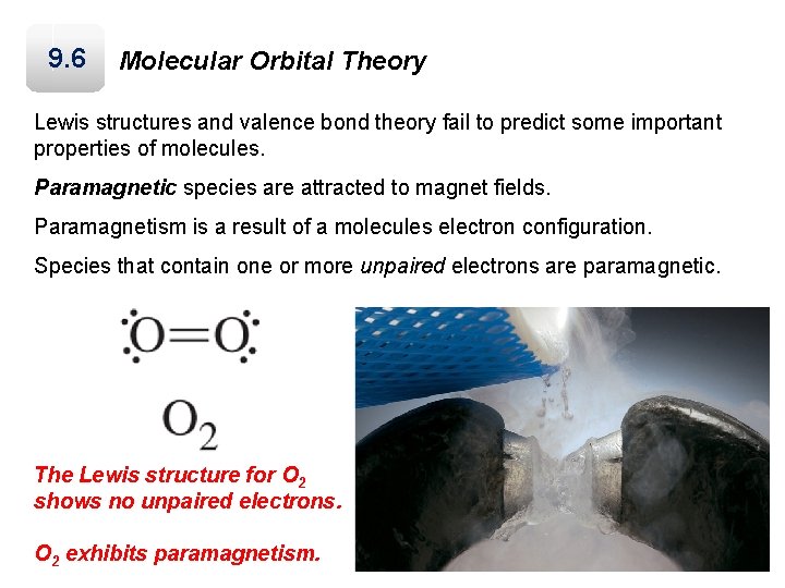 9. 6 Molecular Orbital Theory Lewis structures and valence bond theory fail to predict