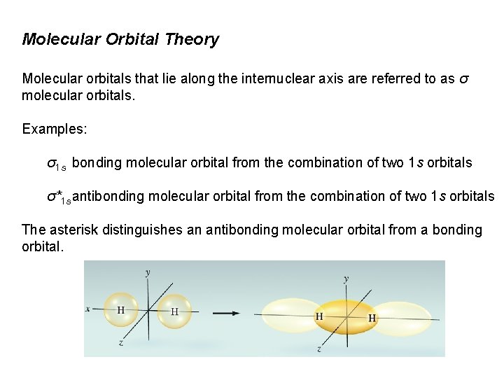 Molecular Orbital Theory Molecular orbitals that lie along the internuclear axis are referred to