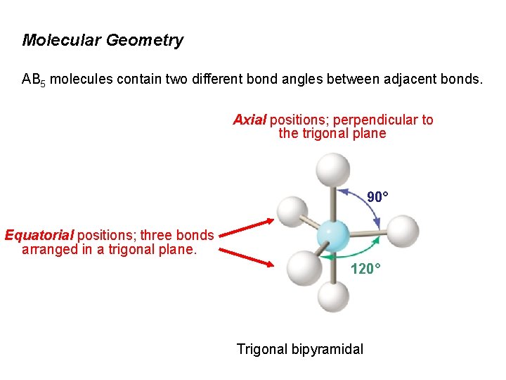 Molecular Geometry AB 5 molecules contain two different bond angles between adjacent bonds. Axial