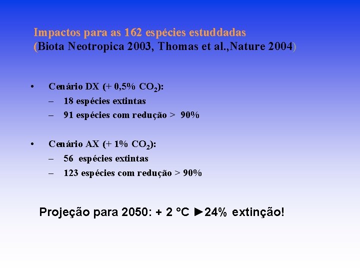 Impactos para as 162 espécies estuddadas (Biota Neotropica 2003, Thomas et al. , Nature