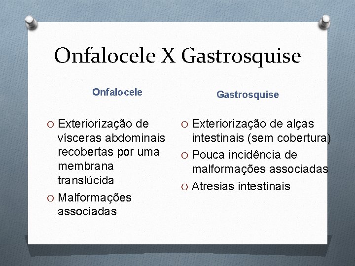 Onfalocele X Gastrosquise Onfalocele Gastrosquise O Exteriorização de alças vísceras abdominais recobertas por uma