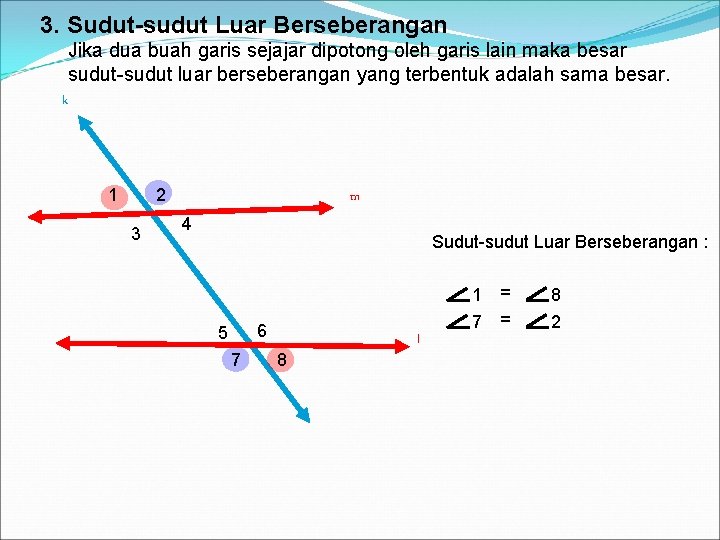 3. Sudut-sudut Luar Berseberangan Jika dua buah garis sejajar dipotong oleh garis lain maka