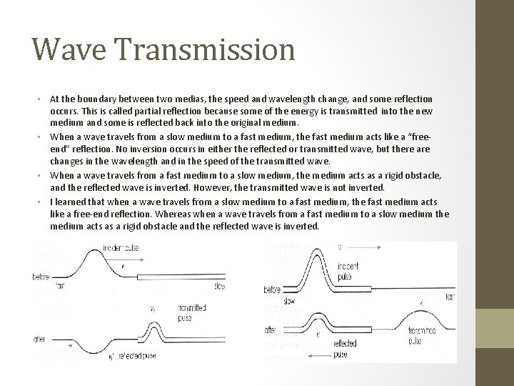 Wave Transmission • At the boundary between two medias, the speed and wavelength change,