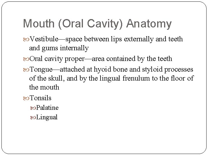 Mouth (Oral Cavity) Anatomy Vestibule—space between lips externally and teeth and gums internally Oral