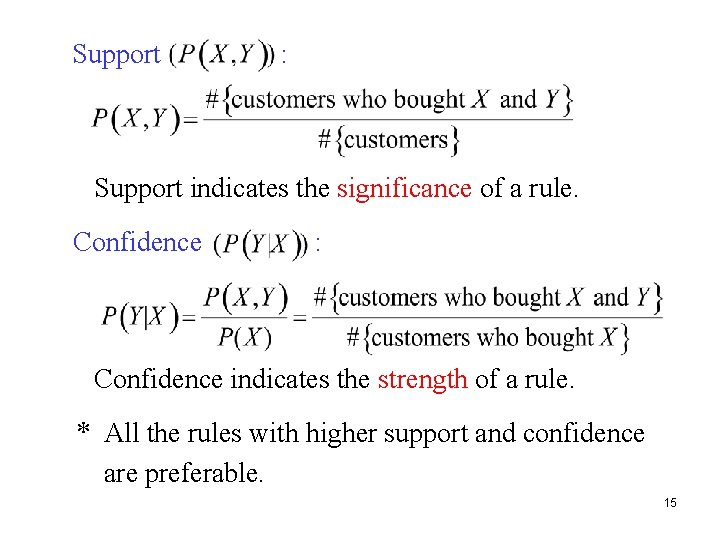 Support : Support indicates the significance of a rule. Confidence : Confidence indicates the