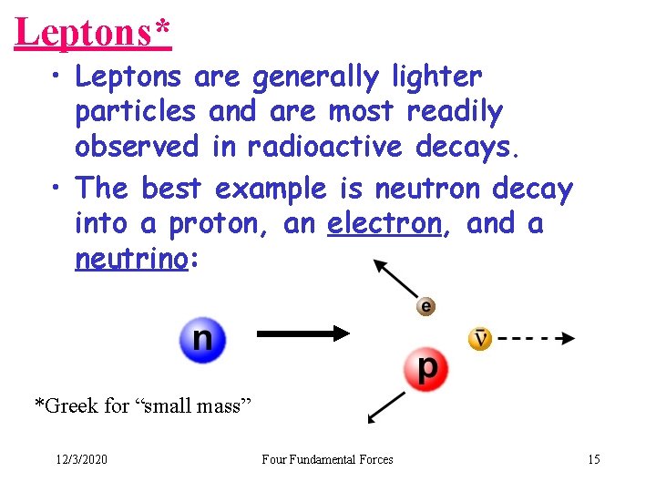 Leptons* • Leptons are generally lighter particles and are most readily observed in radioactive