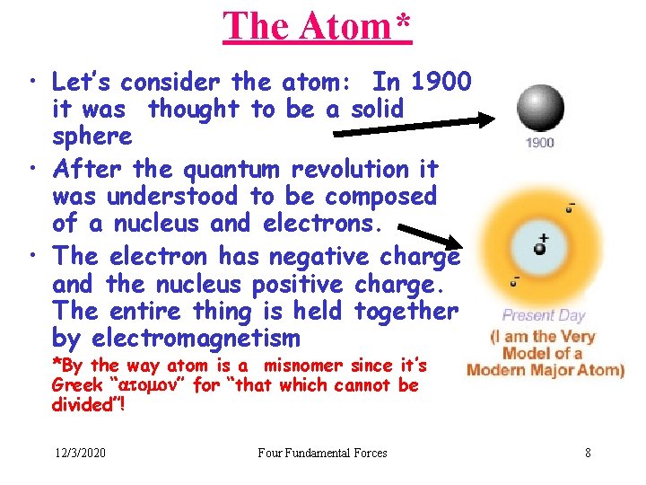 The Atom* • Let’s consider the atom: In 1900 it was thought to be