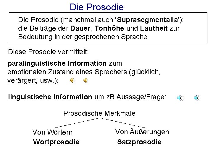 Die Prosodie (manchmal auch ‘Suprasegmentalia’): die Beiträge der Dauer, Tonhöhe und Lautheit zur Bedeutung