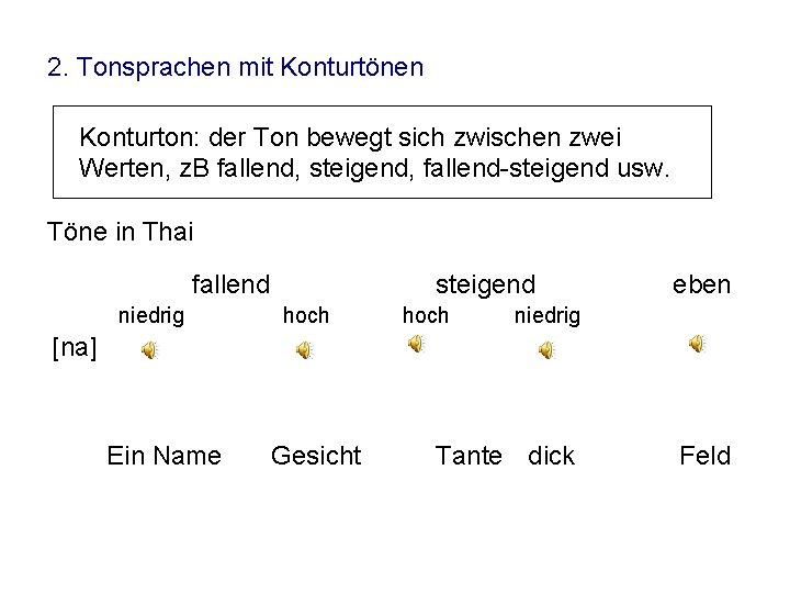 2. Tonsprachen mit Konturtönen Konturton: der Ton bewegt sich zwischen zwei Werten, z. B