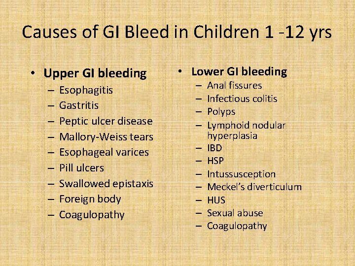 Causes of GI Bleed in Children 1 -12 yrs • Upper GI bleeding –