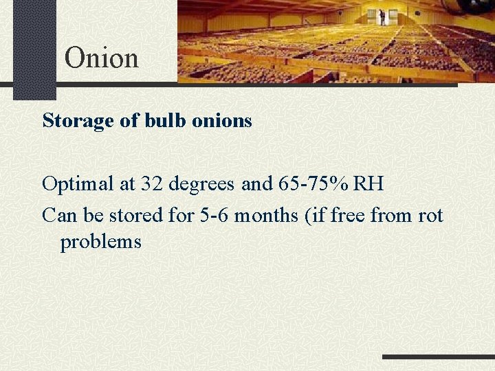 Onion Storage of bulb onions Optimal at 32 degrees and 65 -75% RH Can