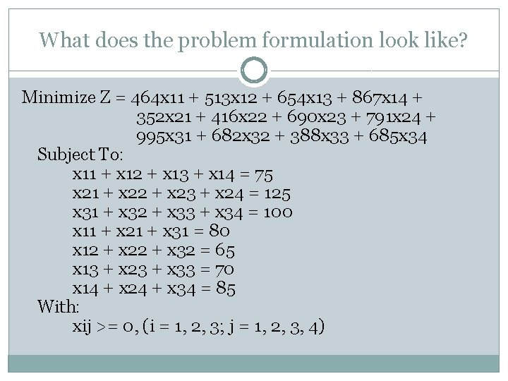 What does the problem formulation look like? Minimize Z = 464 x 11 +