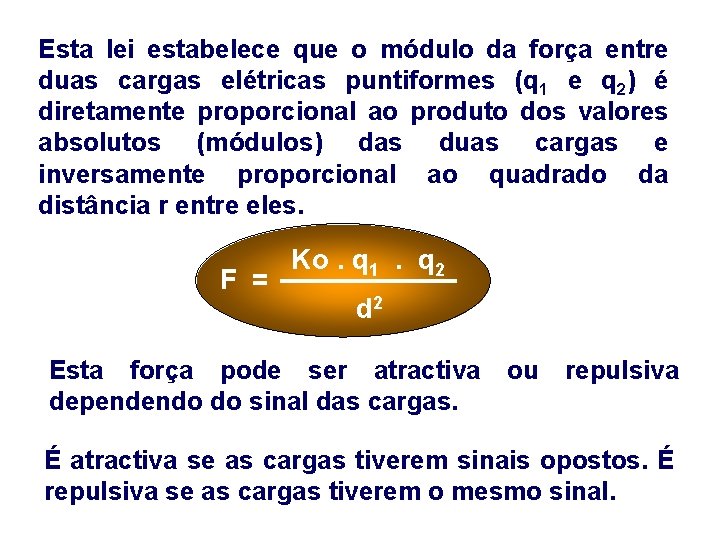 Esta lei estabelece que o módulo da força entre duas cargas elétricas puntiformes (q