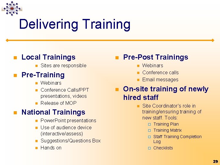 Delivering Training n Local Trainings n n Sites are responsible n n Webinars Conference