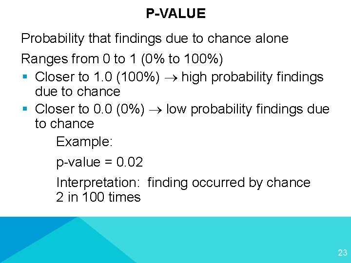 P-VALUE Probability that findings due to chance alone Ranges from 0 to 1 (0%