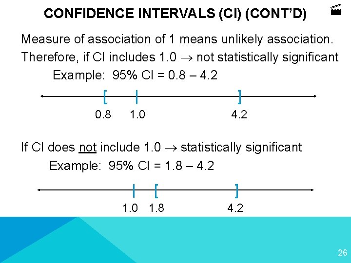 CONFIDENCE INTERVALS (CI) (CONT’D) Measure of association of 1 means unlikely association. Therefore, if
