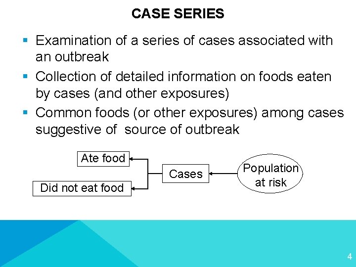 CASE SERIES § Examination of a series of cases associated with an outbreak §