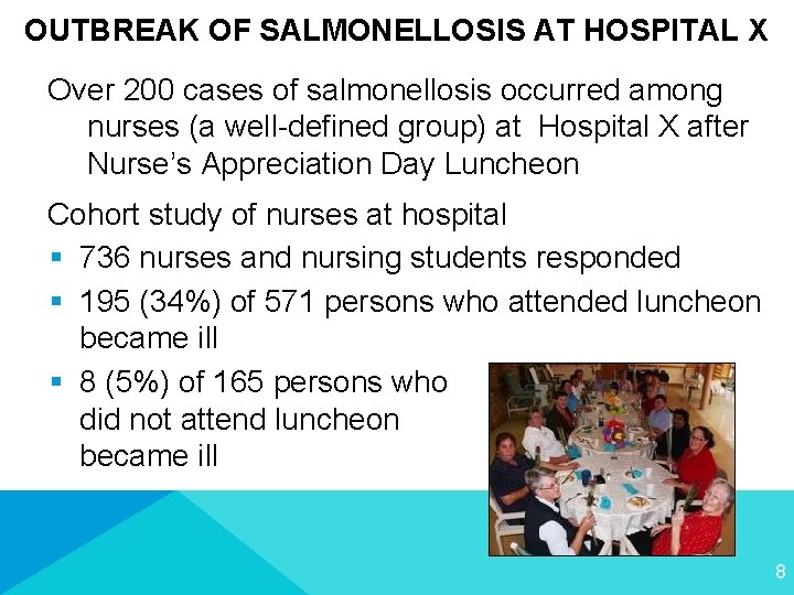 OUTBREAK OF SALMONELLOSIS AT HOSPITAL X Over 200 cases of salmonellosis occurred among nurses