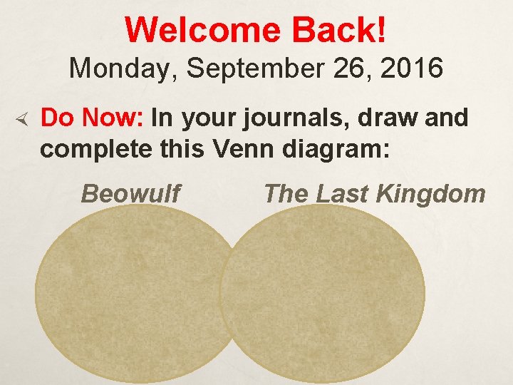 Welcome Back! Monday, September 26, 2016 Do Now: In your journals, draw and complete