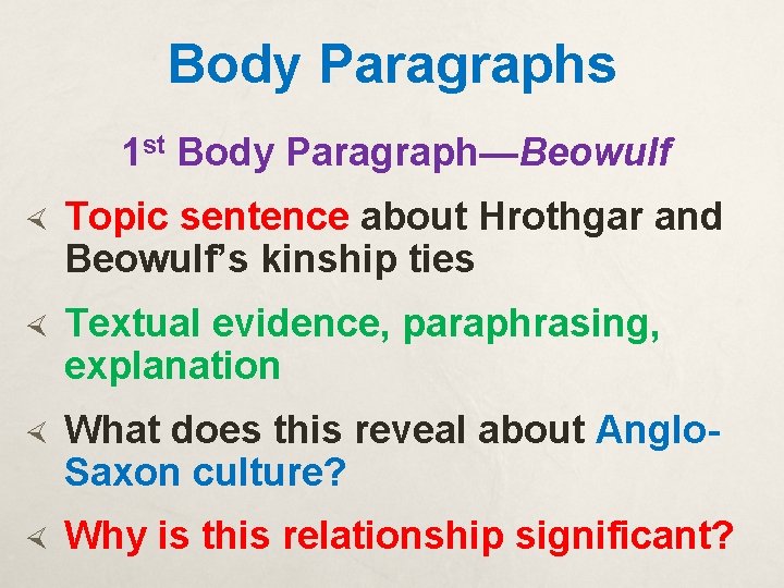 Body Paragraphs 1 st Body Paragraph—Beowulf Topic sentence about Hrothgar and Beowulf’s kinship ties
