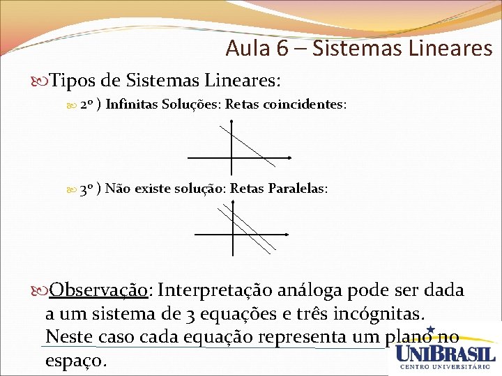 Aula 6 – Sistemas Lineares Tipos de Sistemas Lineares: 2 o ) Infinitas Soluções: