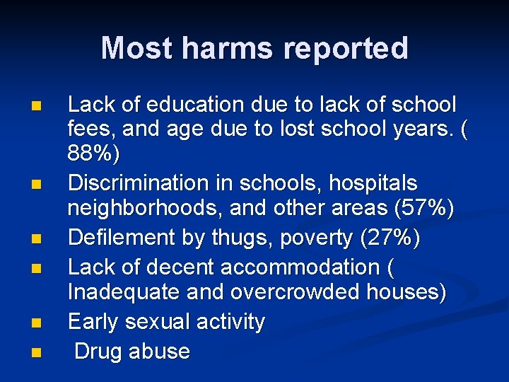 Most harms reported n n n Lack of education due to lack of school