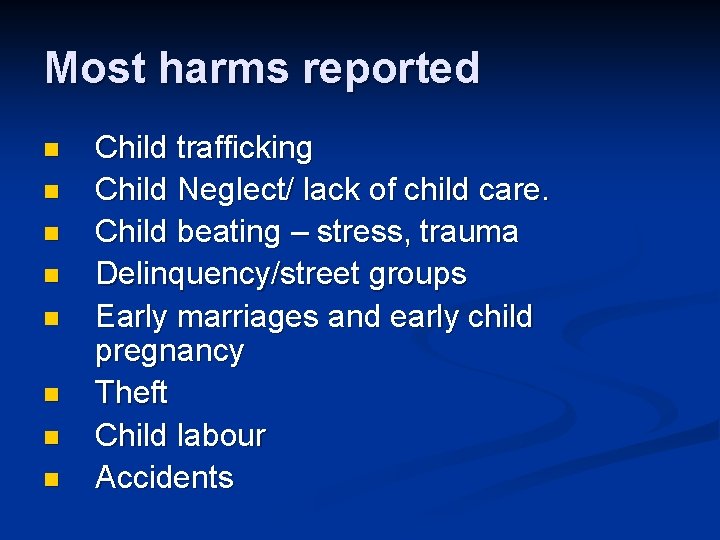 Most harms reported n n n n Child trafficking Child Neglect/ lack of child