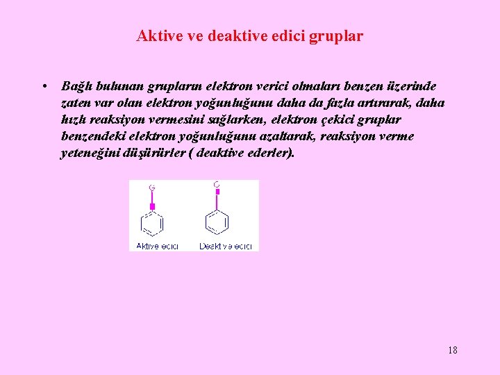 Aktive ve deaktive edici gruplar • Bağlı bulunan grupların elektron verici olmaları benzen üzerinde