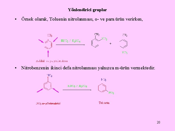 Yönlendirici gruplar • Örnek olarak, Toluenin nitrolanması, o- ve para ürün verirken, • Nitrobenzenin