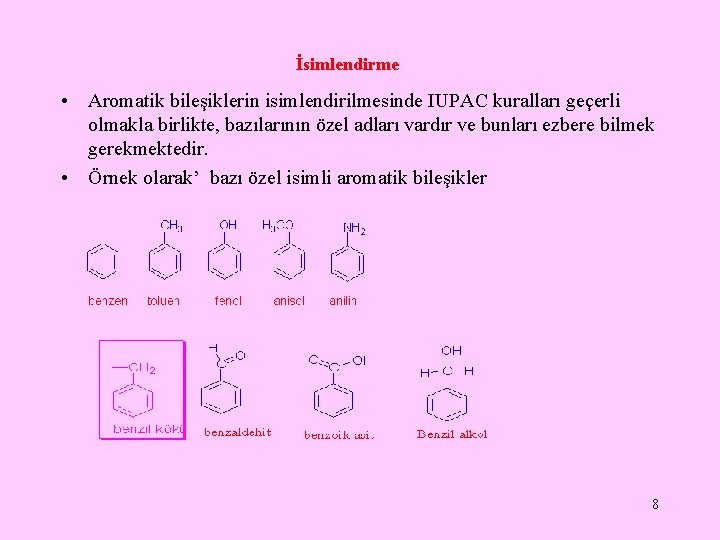 İsimlendirme • Aromatik bileşiklerin isimlendirilmesinde IUPAC kuralları geçerli olmakla birlikte, bazılarının özel adları vardır