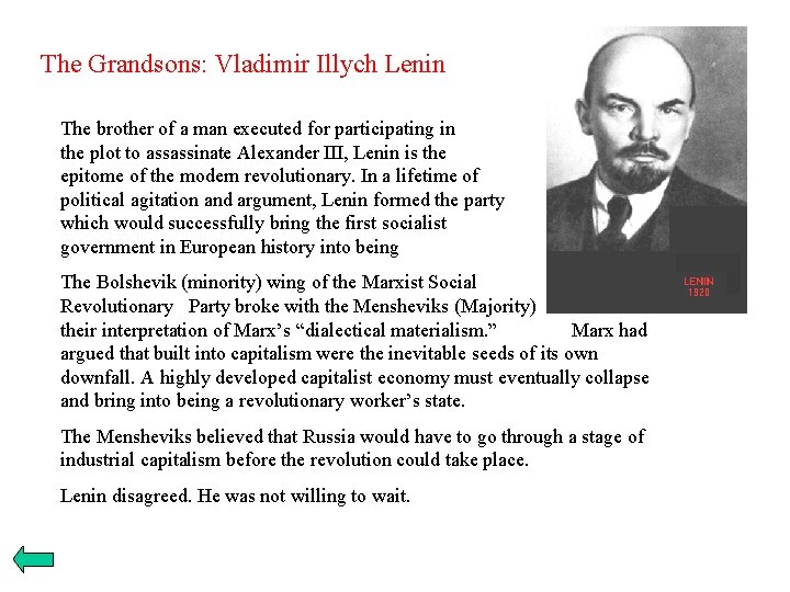 The Grandsons: Vladimir Illych Lenin The brother of a man executed for participating in