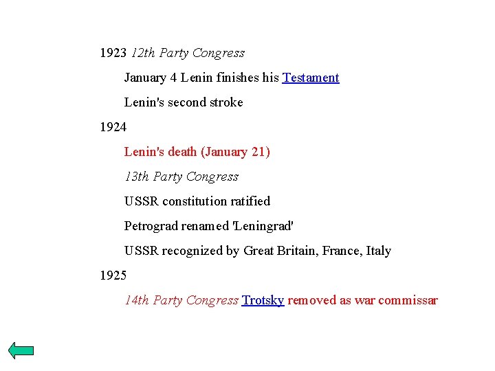 1923 12 th Party Congress January 4 Lenin finishes his Testament Lenin's second stroke