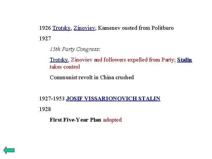 1926 Trotsky, Zinoviev, Kamenev ousted from Politburo 1927 15 th Party Congress: Trotsky, Zinoviev