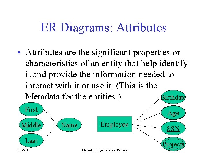 ER Diagrams: Attributes • Attributes are the significant properties or characteristics of an entity ER Diagrams: Attributes • Attributes are the significant properties or characteristics of an entity