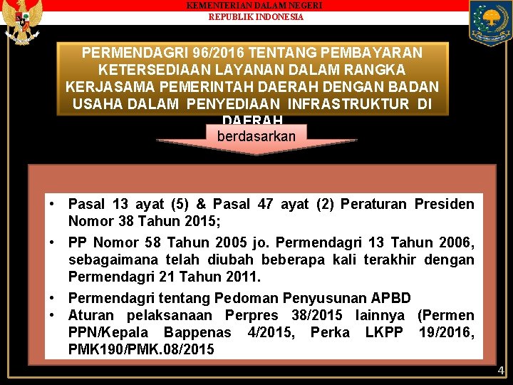 KEMENTERIAN DALAM NEGERI REPUBLIK INDONESIA PERMENDAGRI 96/2016 TENTANG PEMBAYARAN KETERSEDIAAN LAYANAN DALAM RANGKA KERJASAMA