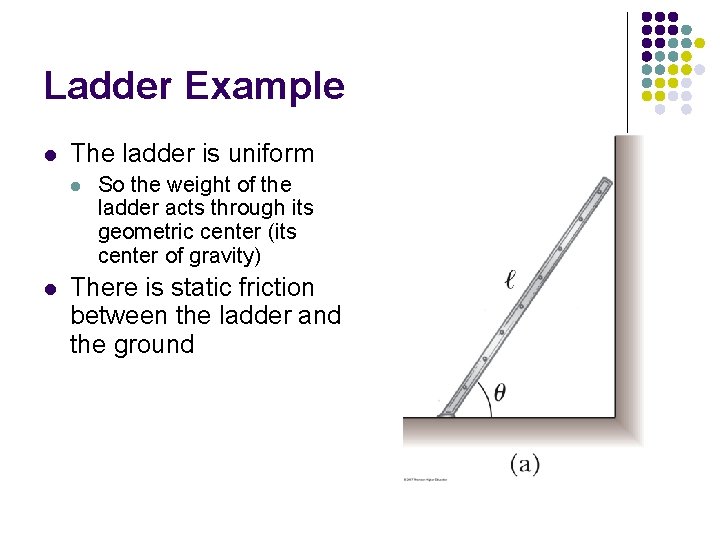 Ladder Example l The ladder is uniform l l So the weight of the